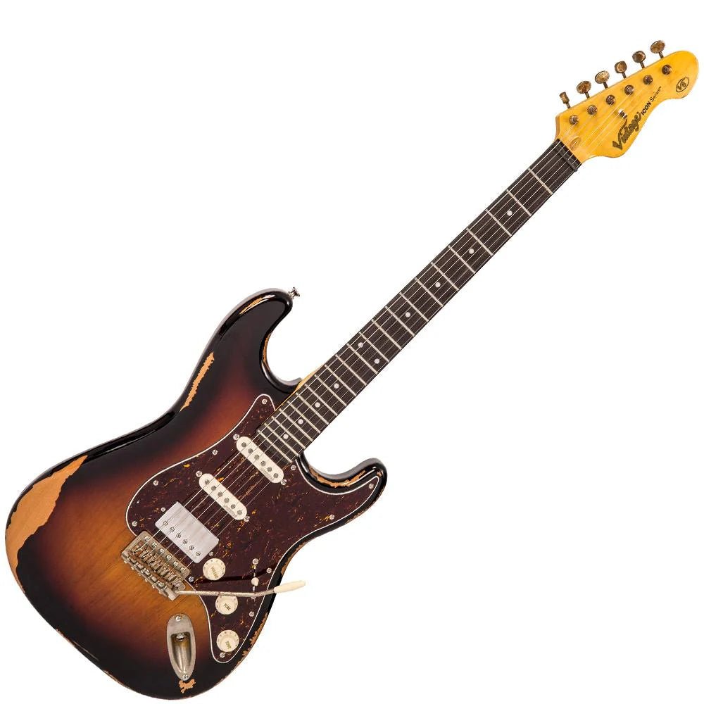 Vintage V6H ICON HSS Electric Guitar ~ Ultra - Gloss Distressed Sunset Sunburst - Fouche Guitars